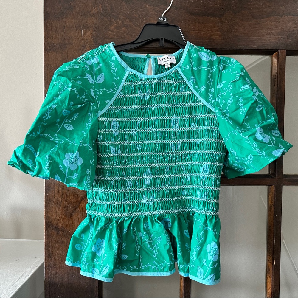 Studio Smocked Floral Peplum Top in Bright Green